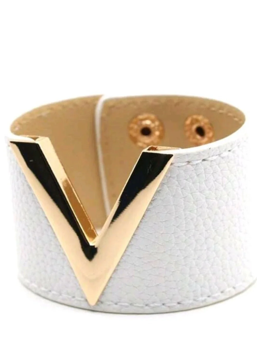 White Cream Wide PU Leather Snap Bracelet with V-Goldtone Inset